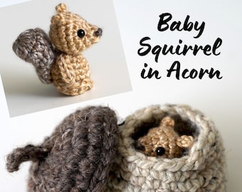 Patrón de crochet amigurumi de ardilla bebé 2 en 1 en forma de bellota · Tutorial de bricolaje gratuito, rápido, fácil, lindo, kawaii, mini, pequeño, diminuto, kawaii, regalo unisex
