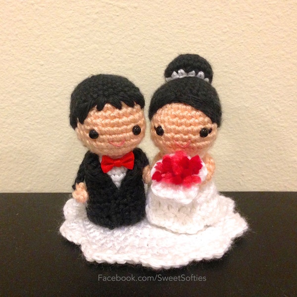 Amigurumi Crochet Wedding Kokeshi Couple Doll Pattern - Chibi Bride Groom Marriage Love Gift Cake Topper Home Party Ceremony Decor Tutorial