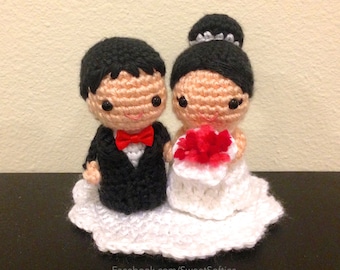 Amigurumi Crochet Wedding Kokeshi Couple Doll Pattern - Chibi Bride Groom Marriage Love Gift Cake Topper Home Party Ceremony Decor Tutorial