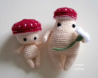 Baby Toadstool & Mr. Mushroom Amigurumi Doll Pattern · Free Crochet Tutorial (easy yarn art handmade chibi kawaii kids children unisex toy)