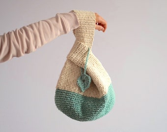 Botanical Japanese Knot Bag Crochet Pattern · DIY Tutorial Color Block Tote Handbag Purse Leaf Charm Cute Minimal Cotton Yarn Project Gift