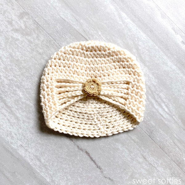 Free Crochet Pattern: Baby's Buttoned Turban Hat (DIY Tutorial quick easy cute beginner yarn knitting kawaii newborn girl infant gift)