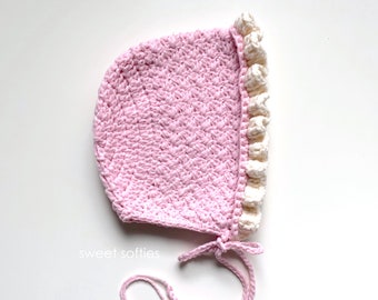 Classic Lace Bonnet, Free Crochet Pattern (DIY Tutorial quick easy cute beginner yarn knitting newborn infant baby girl boy toddler pink)