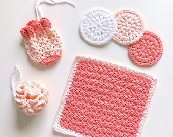 Free Crochet Pattern 4-in-1 Bundle: TEA ROSE SPA set (easy beginner yarn diy tutorial face scrubby bath pouf soap saver pouch washcloth)