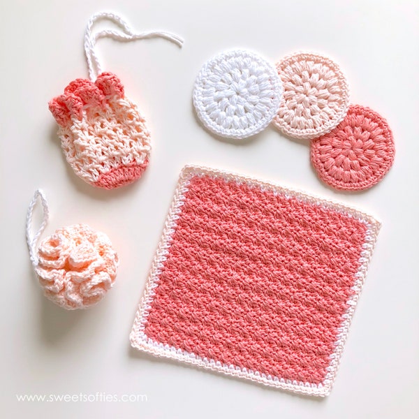 Free Crochet Pattern 4-in-1 Bundle: TEA ROSE SPA set (easy beginner yarn diy tutorial face scrubby bath pouf soap saver pouch washcloth)