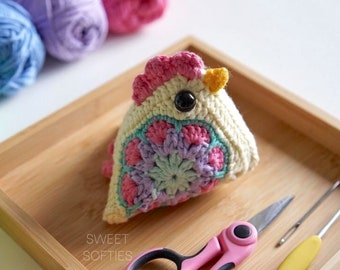 Granny Square Chicken Crochet Pattern · DIY Yarn Fiber Art Tutorial Colorful Flower Floral Motif Farmhouse Farm Animal Amigurumi Rustic