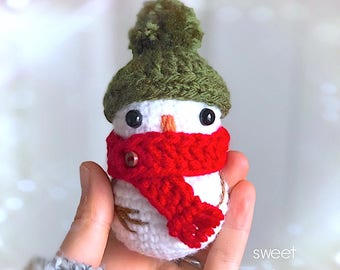 Free Amigurumi Crochet Pattern: Tiny Baby Snowman (Softie, Plushie, Stuffed Doll, Tree Ornament, Winter Christmas Holiday Decor)