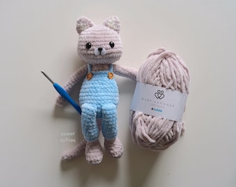 Ollie in Overalls · Amigurumi Crochet Cat Doll Pattern · Beginner Easy Tutorial DIY Stuffed Animal Plush Gift for Kids Children Boys Girls