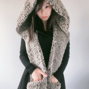 Free Crochet Pattern: Hooded TIMBER WOLF Scarf DIY Tutorial quick easy cute animal ears furry fox cat snoodie snood hood hoodie pockets image 3