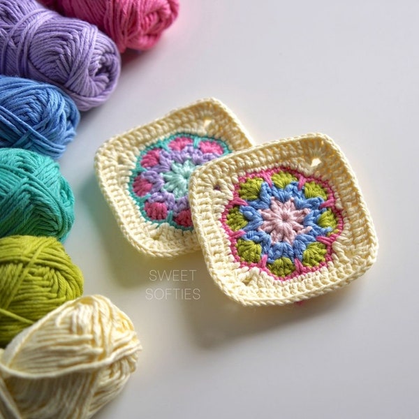 Spring Court, motif carré grand-mère au crochet · Tutoriel d'art en fibre de laine à faire soi-même avec appliques de fleurs colorées, motif floral