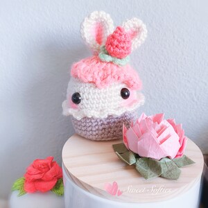 Bunny Rabbit Strawberry Frosted Cupcake Dessert, Free Crochet Pattern DIY Tutorial quick easy cute kawaii beginner yarn amigurumi knitting image 2