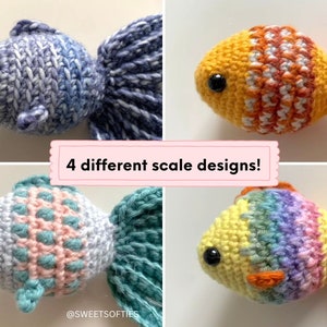 Puede incluir: Cuatro peces hechos a mano con ganchillo en varios colores, cada uno con un dise&ntilde;o de escamas &uacute;nico. Los peces incluyen tonos azules, amarillos y arco&iacute;ris, con ojos de seguridad negros. La imagen incluye el texto "4 different scale designs!" y el nombre de la tienda.