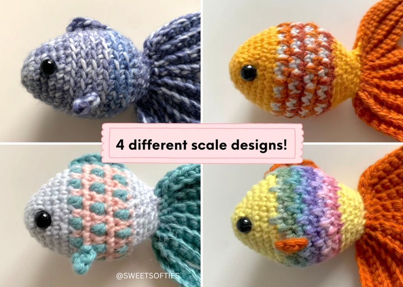 Puede incluir: Cuatro peces hechos a mano con ganchillo en varios colores, cada uno con un dise&ntilde;o de escamas &uacute;nico. Los peces incluyen tonos azules, amarillos y arco&iacute;ris, con ojos de seguridad negros. La imagen incluye el texto "4 different scale designs!" y el nombre de la tienda.