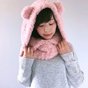 Free Crochet Pattern DIY Tutorial: Fluffy Hooded Bear Cowl quick easy cute modern beginner winter women girl japanese korean fashion image 7