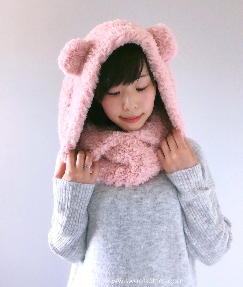 Free Crochet Pattern DIY Tutorial: Fluffy Hooded Bear Cowl quick easy cute modern beginner winter women girl japanese korean fashion image 7