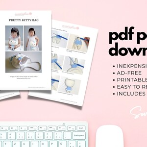 May include: A collection of printed PDF pattern pages for a "Pretty Kitty Bag" crochet project. The pages include instructions, photos, and diagrams. The text "pdf pattern download" is displayed with bullet points listing features like "inexpensive" and "includes photos". A keyboard and mouse are in the foreground.