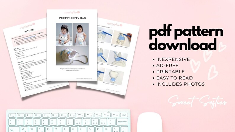 May include: A collection of printed PDF pattern pages for a "Pretty Kitty Bag" crochet project. The pages include instructions, photos, and diagrams. The text "pdf pattern download" is displayed with bullet points listing features like "inexpensive" and "includes photos". A keyboard and mouse are in the foreground.