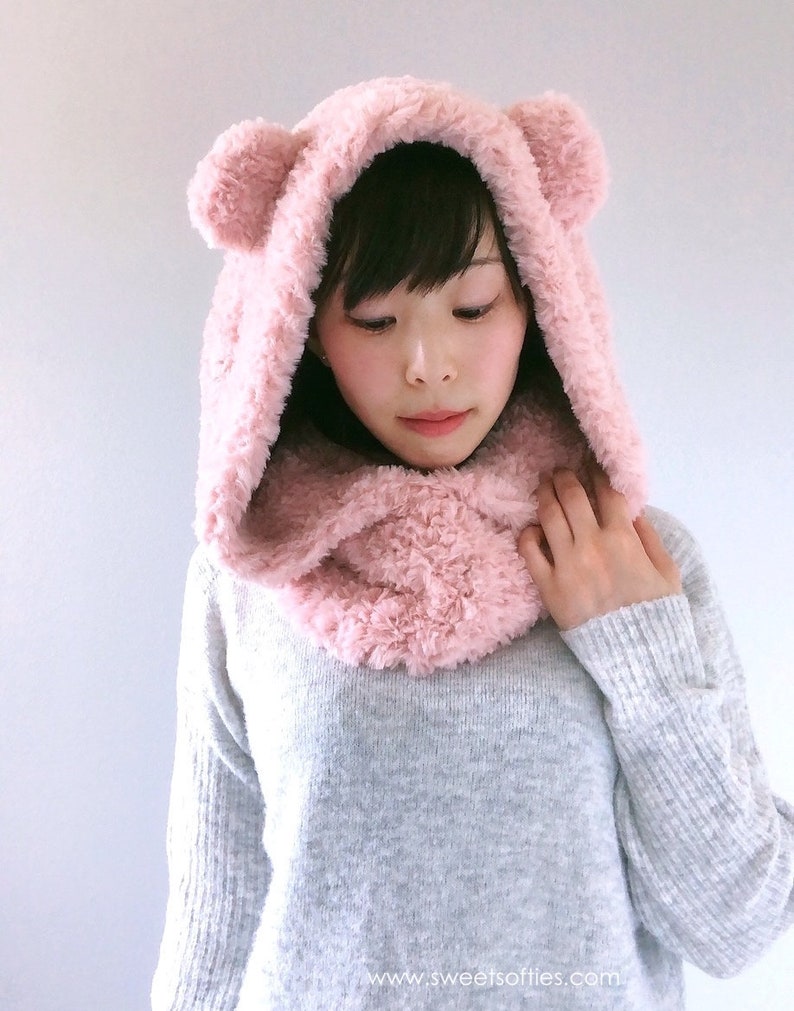 Free Crochet Pattern DIY Tutorial: Fluffy Hooded Bear Cowl quick easy cute modern beginner winter women girl japanese korean fashion image 6