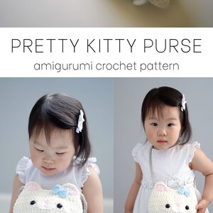 May include: A crocheted white kitty purse with a blue bow and a matching blue dress. The purse has a gray strap. The text "PRETTY KITTY PURSE amigurumi crochet pattern" is displayed above the image. The website www.sweetsofties.com is displayed below the image.