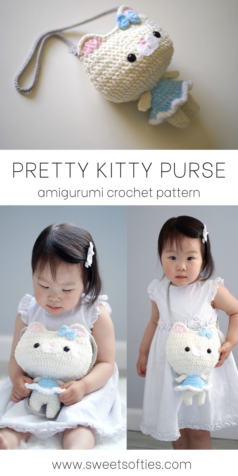 May include: A crocheted white kitty purse with a blue bow and a matching blue dress. The purse has a gray strap. The text "PRETTY KITTY PURSE amigurumi crochet pattern" is displayed above the image. The website www.sweetsofties.com is displayed below the image.