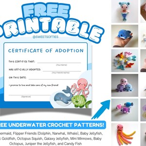 Op de afbeelding: Een printbaar adoptiecertificaat voor een nieuwe gehaakte vriend. Het certificaat heeft een blauw en wit ontwerp met een cartoonoctopus en een walvis. De tekst op het certificaat luidt "Adoptie certificaat". Onder het certificaat staat een lijst met 12 gratis onderwater haakpatronen.