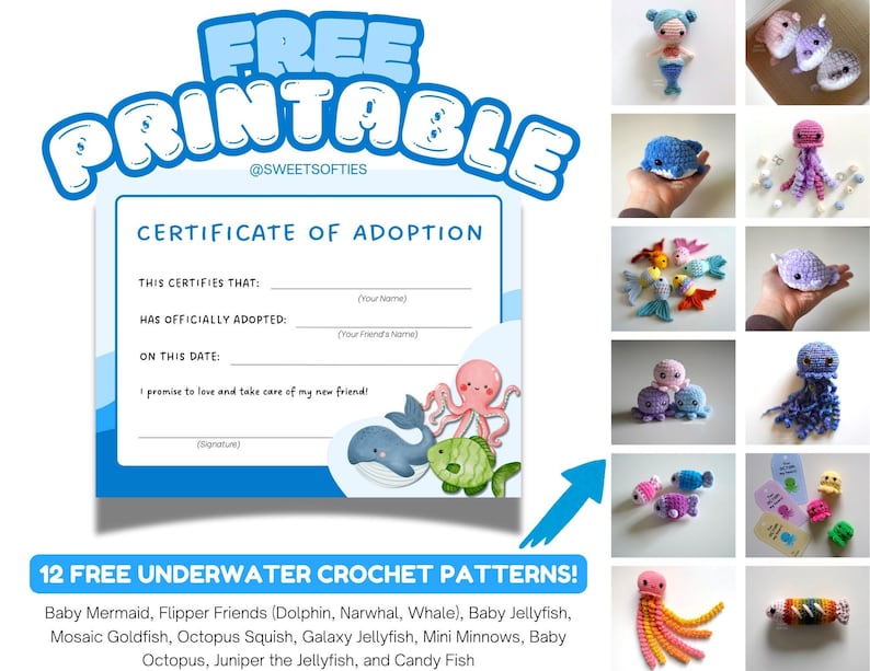 Op de afbeelding: Een printbaar adoptiecertificaat voor een nieuwe gehaakte vriend. Het certificaat heeft een blauw en wit ontwerp met een cartoonoctopus en een walvis. De tekst op het certificaat luidt "Adoptie certificaat". Onder het certificaat staat een lijst met 12 gratis onderwater haakpatronen.