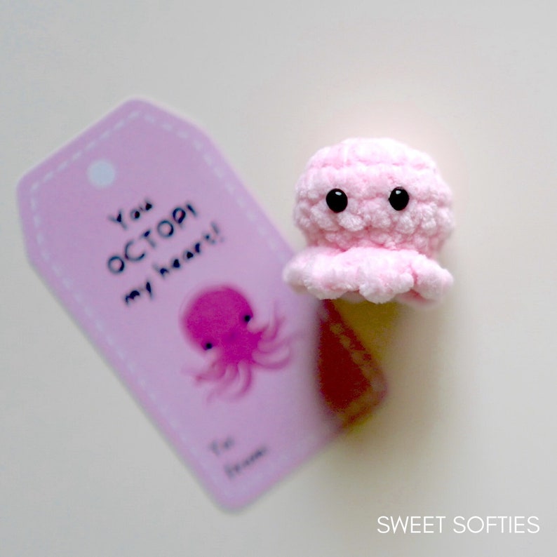 10-minute Baby Octopus Amigurumi Crochet Pattern Free Valentine's Day Gift Tags Printable DIY Beginner Yarn no-sew gift yarn class vday image 1