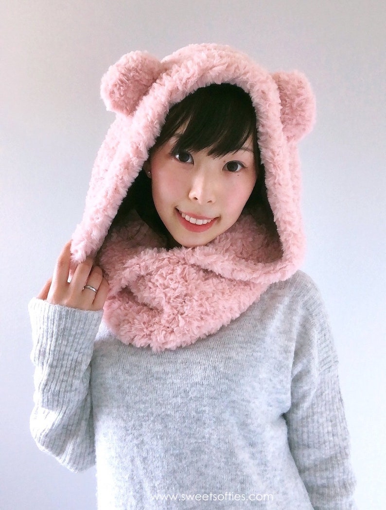 Free Crochet Pattern DIY Tutorial: Fluffy Hooded Bear Cowl quick easy cute modern beginner winter women girl japanese korean fashion image 5