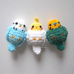 May include: Three handmade crochet bird plushies in blue, white, and green. The birds have black eyes, orange beaks, and are in a variety of poses. The text "SWEET SOFTIES" is visible on the bottom right.