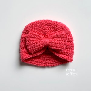 Free Crochet Pattern: Ribbed Baby Turban Hat & Bow DIY Tutorial quick easy cute beginner yarn knitting kawaii newborn girl infant gift image 1