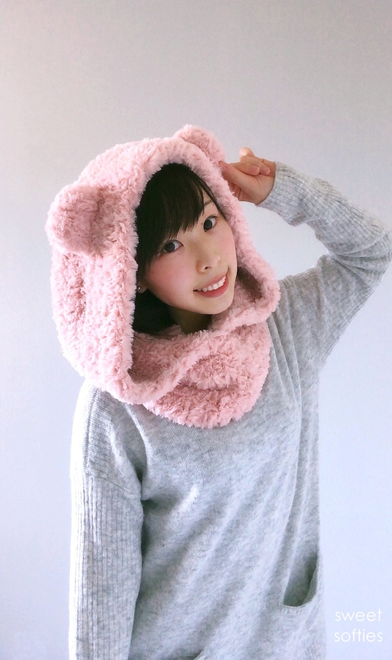 Free Crochet Pattern DIY Tutorial: Fluffy Hooded Bear Cowl quick easy cute modern beginner winter women girl japanese korean fashion image 9