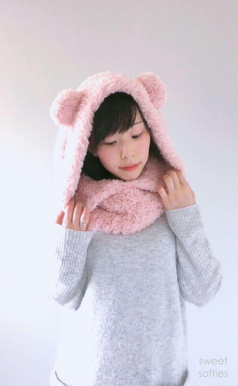 Free Crochet Pattern DIY Tutorial: Fluffy Hooded Bear Cowl quick easy cute modern beginner winter women girl japanese korean fashion image 8