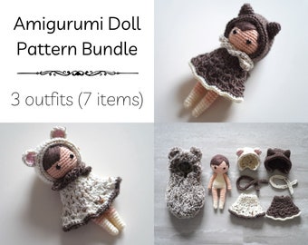 3-in-1 Amigurumi Doll Pattern Bundle · Mori Girl Crochet DIY Tutorial (yarn art handmade chibi cute kawaii kids children toy bear cat hood