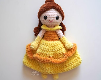 Princess Belle Doll Crochet Pattern · 10" Amigurumi Disney Princess Beauty and the Beast DIY Plush Yarn Chenille Velvet Yellow Dress French