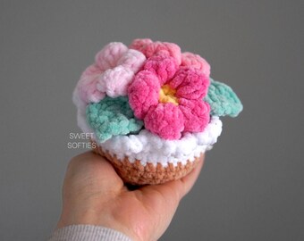 Plush Flower Pot Crochet Pattern · Cute Soft Squishy Daisy 5 petal Cherry Blossom and Leaf Amigurumi Plant Easy DIY Yarn Tutorial Cozy Decor