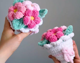 Plush Flower Bouquet Crochet Pattern · Cute Soft Squishy Daisy 5 petal Cherry Blossom Leaf Amigurumi Plant Easy DIY Yarn Tutorial Cozy Decor