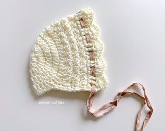 Free Crochet Pattern: Easy Lace Bonnet (DIY Tutorial quick easy cute beginner yarn knitting kawaii newborn baby girl infant toddler gift)