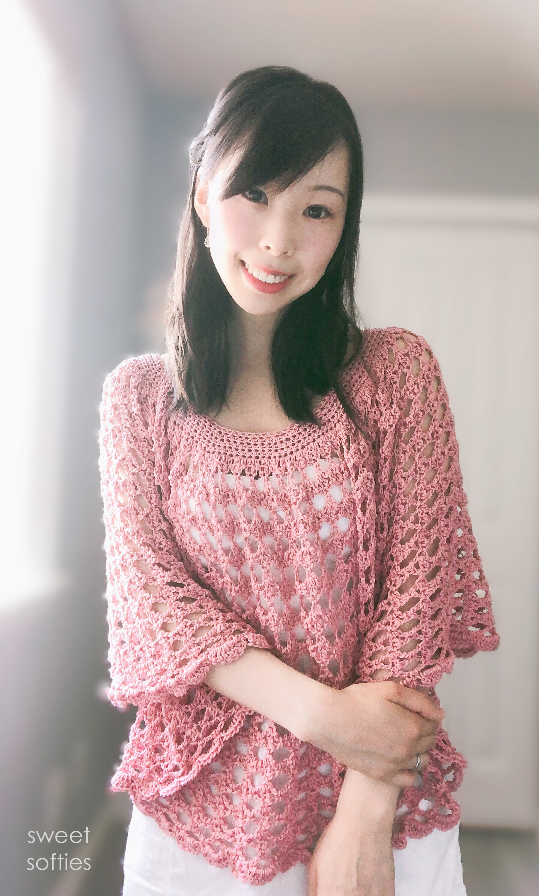 古着 ビンテージ 80s 鍵網 ニット ポンチョ ピンク デッドストック 美品 古着 70-80s Ireland製 Rossan Knitwear 畦編み ローゲージ ヘビー