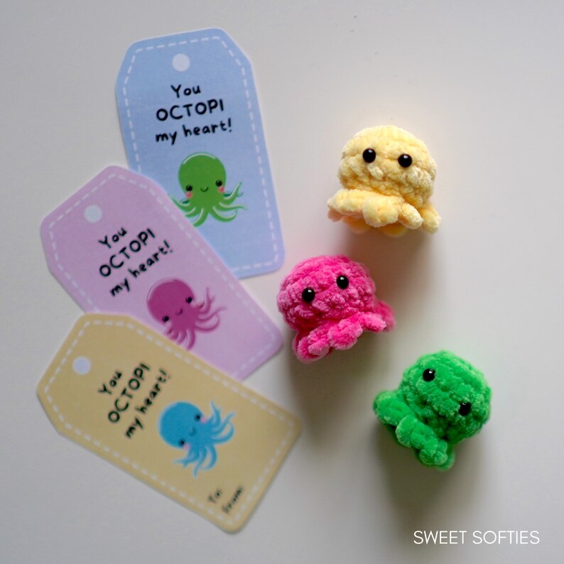 10-minute Baby Octopus Amigurumi Crochet Pattern Free Valentine's Day Gift Tags Printable DIY Beginner Yarn no-sew gift yarn class vday image 3