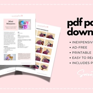 Op de afbeelding: Een PDF-patroondownload voor het haken van mini-minnows. Het patroon bevat foto's en instructies voor het maken van de vissen. Het patroon is goedkoop, advertentievrij, printbaar en gemakkelijk te lezen.