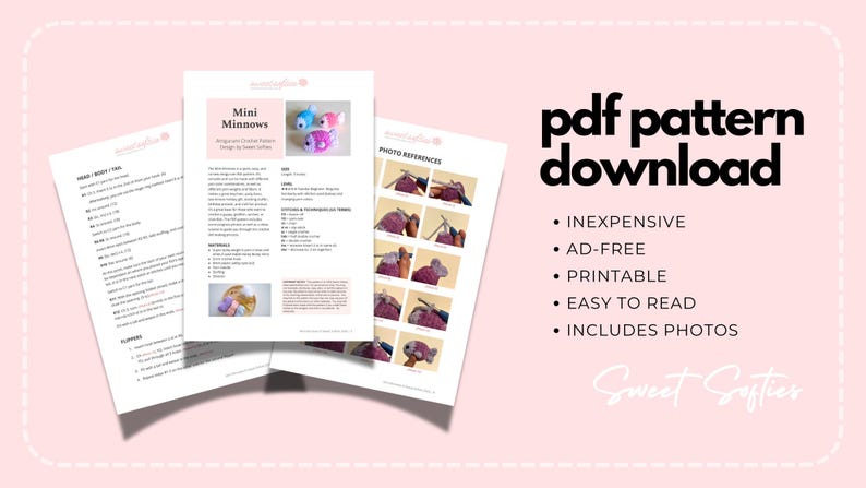 Op de afbeelding: Een PDF-patroondownload voor het haken van mini-minnows. Het patroon bevat foto's en instructies voor het maken van de vissen. Het patroon is goedkoop, advertentievrij, printbaar en gemakkelijk te lezen.