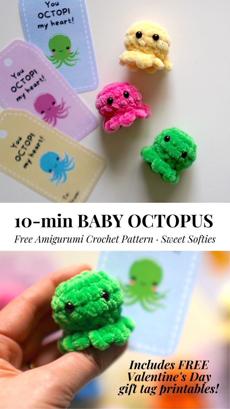 10-minute Baby Octopus Amigurumi Crochet Pattern Free Valentine's Day Gift Tags Printable DIY Beginner Yarn no-sew gift yarn class vday image 6