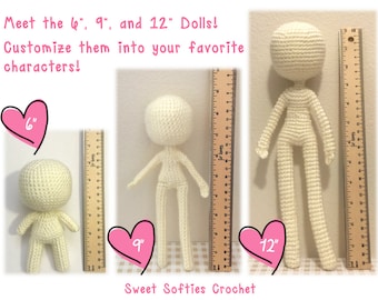 Amigurumi Crochet Human Body Base Patterns - 6" Chibi, 9" and 12" Slender Dolls (3-in-1 pattern pack, save 3 USD!)