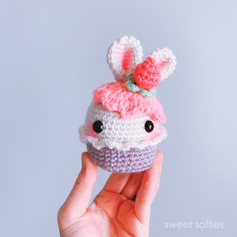 Bunny Rabbit Strawberry Frosted Cupcake Dessert, Free Crochet Pattern DIY Tutorial quick easy cute kawaii beginner yarn amigurumi knitting image 4