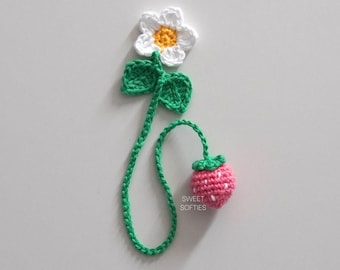 Strawberry Bookmark Crochet Pattern · No-Sew Easy Beginner Crochet Tutorial Flower Plant Fruit Chapter Keeper Yarn Book Lover Bookworm Gift
