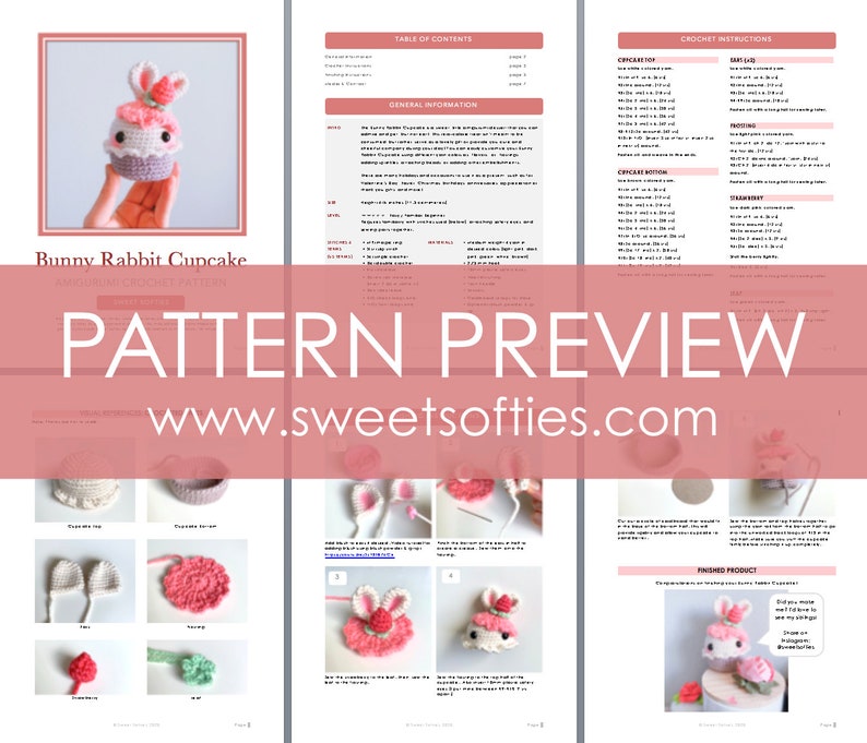 Bunny Rabbit Strawberry Frosted Cupcake Dessert, Free Crochet Pattern DIY Tutorial quick easy cute kawaii beginner yarn amigurumi knitting image 5