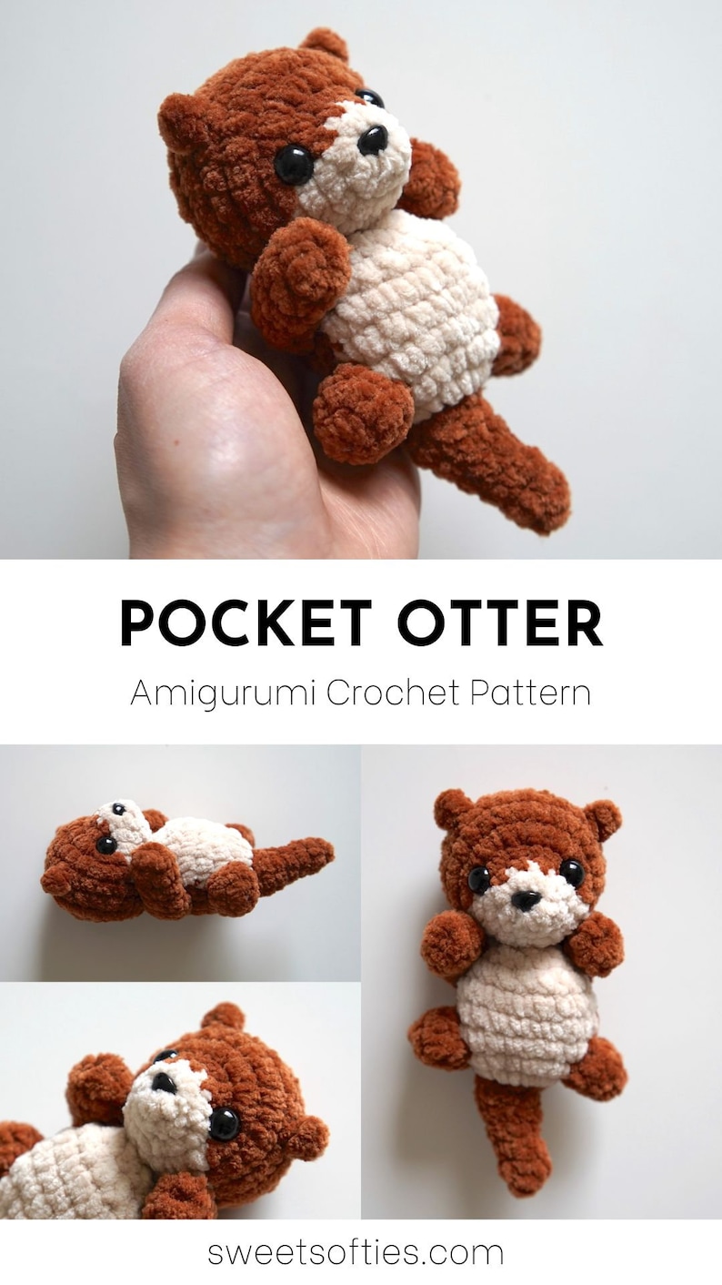 May include: A brown and cream crocheted amigurumi otter in four different poses. The otter is small enough to fit in a pocket. The pattern is available on the website sweetsofties.com.
