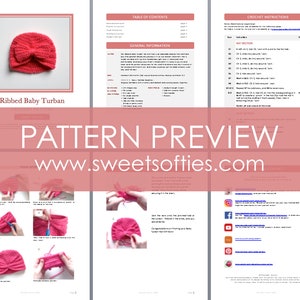 May include: A crochet pattern for a ribbed baby turban. The pattern includes instructions for making the turban, as well as a table of contents and general information. The pattern is available for download on the website www.sweetsofties.com.
