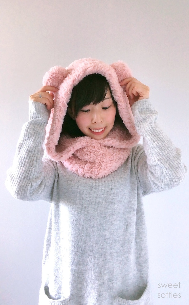 Free Crochet Pattern DIY Tutorial: Fluffy Hooded Bear Cowl quick easy cute modern beginner winter women girl japanese korean fashion image 10
