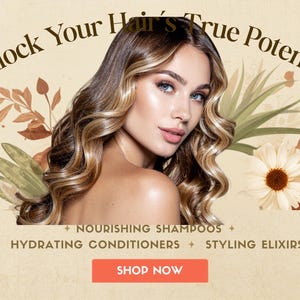 Pode incluir: Um gráfico promocional com uma pessoa de cabelo castanho comprido, ondulado e com madeixas. O texto diz: Unlock Your Hair's True Potential, Nourishing Shampoos, Hydrating Conditioners, Styling Elixirs e um botão laranja com a etiqueta SHOP NOW.